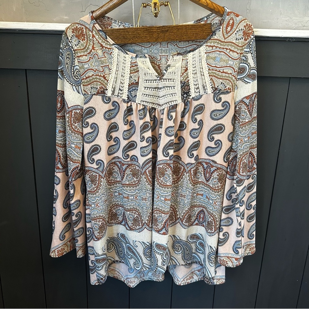 ONE WORLD Blouse Womens‎ 2X Top Paisley Long Sleeve